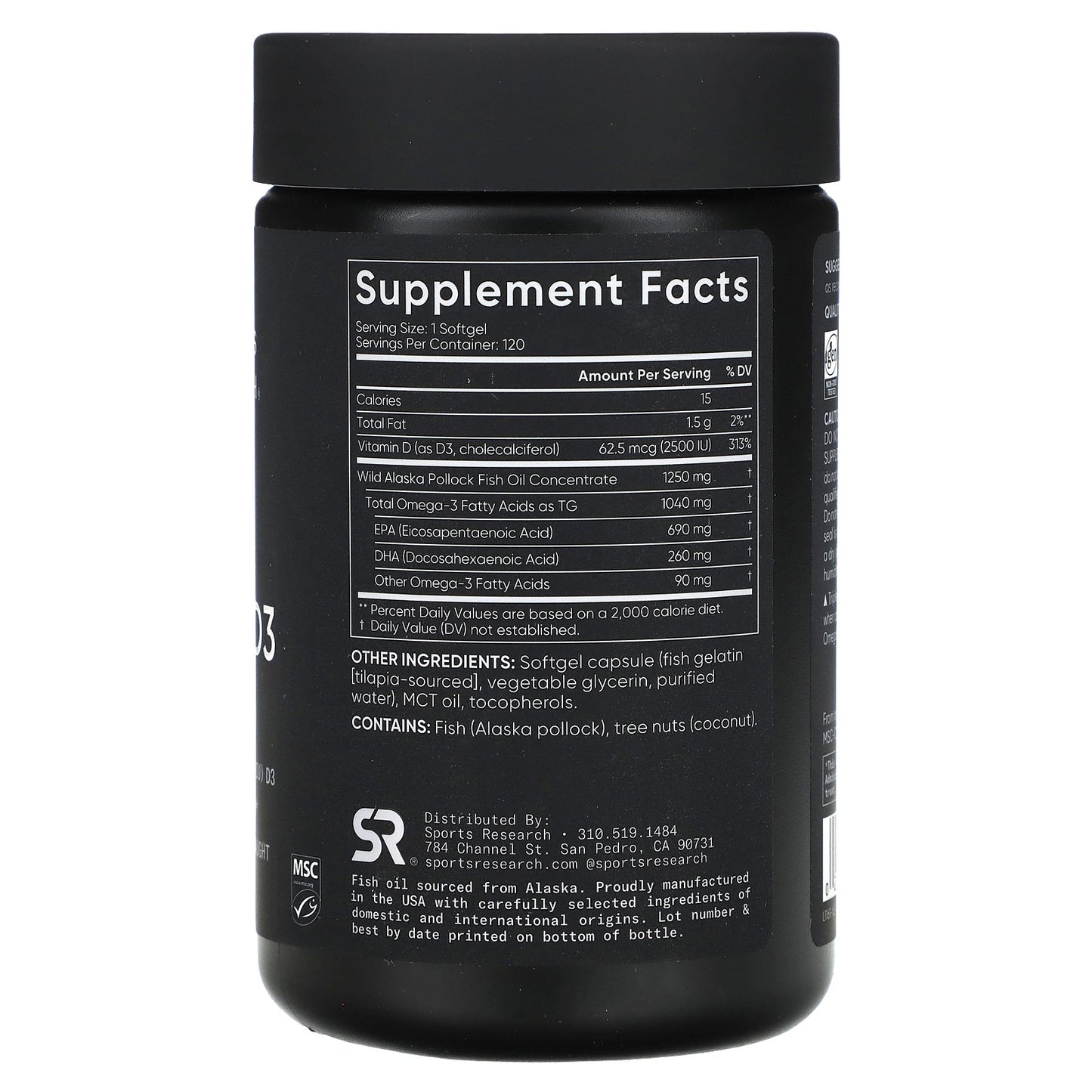 Sports Research, Omega-3 Fish Oil + D3, Triple Strength , 1,040 mg & 62.5 mcg (2,500 IU), 120 Softgels