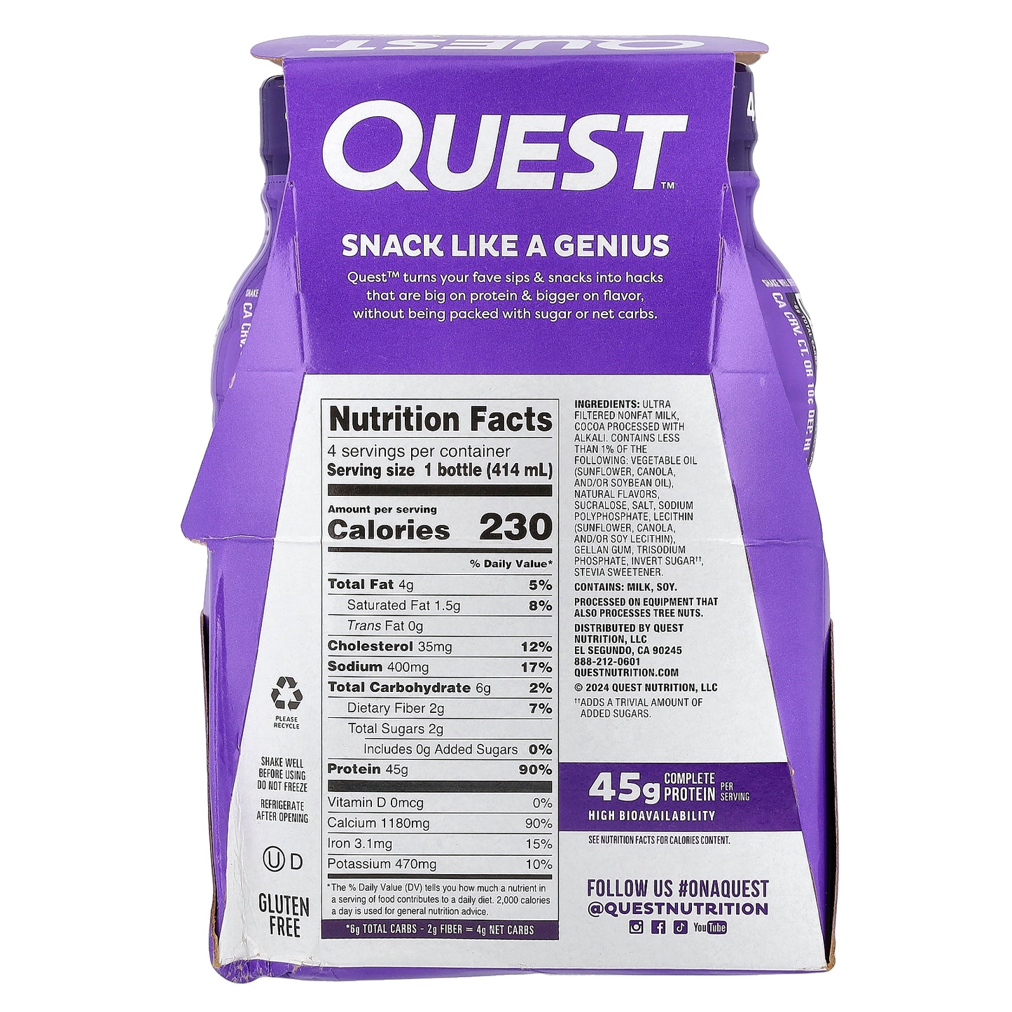 Quest Nutrition, Protein Milk Shake, Chocolate, 4 Bottles, 14 fl oz (414 ml) Each