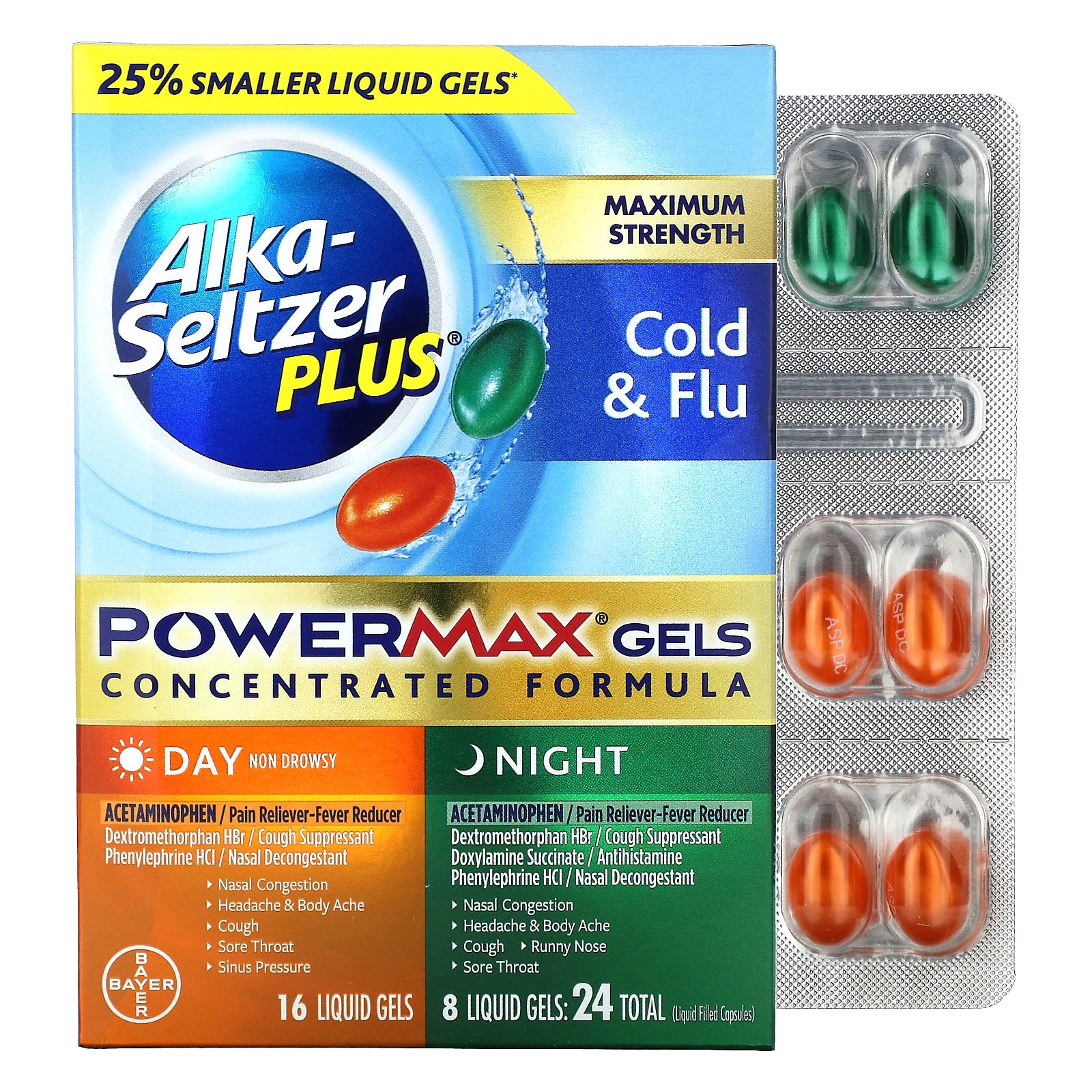 Alka-Seltzer Plus, Maximum Strength Cold & Flu, PowerMax Gels, Day & Night, 24 Liquid Gels
