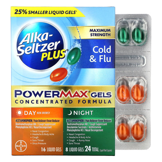 Alka-Seltzer Plus, Maximum Strength Cold & Flu, PowerMax Gels, Day & Night, 24 Liquid Gels