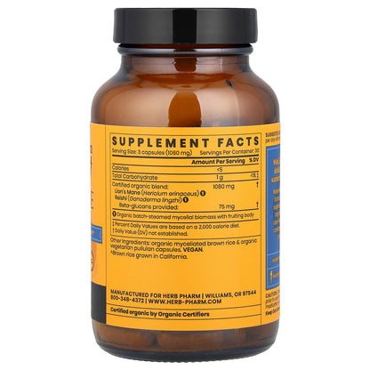 Herb Pharm, Mushroom Wellness™, Lion's Mane Blend With Reishi , 90 Vegetarian Capsules