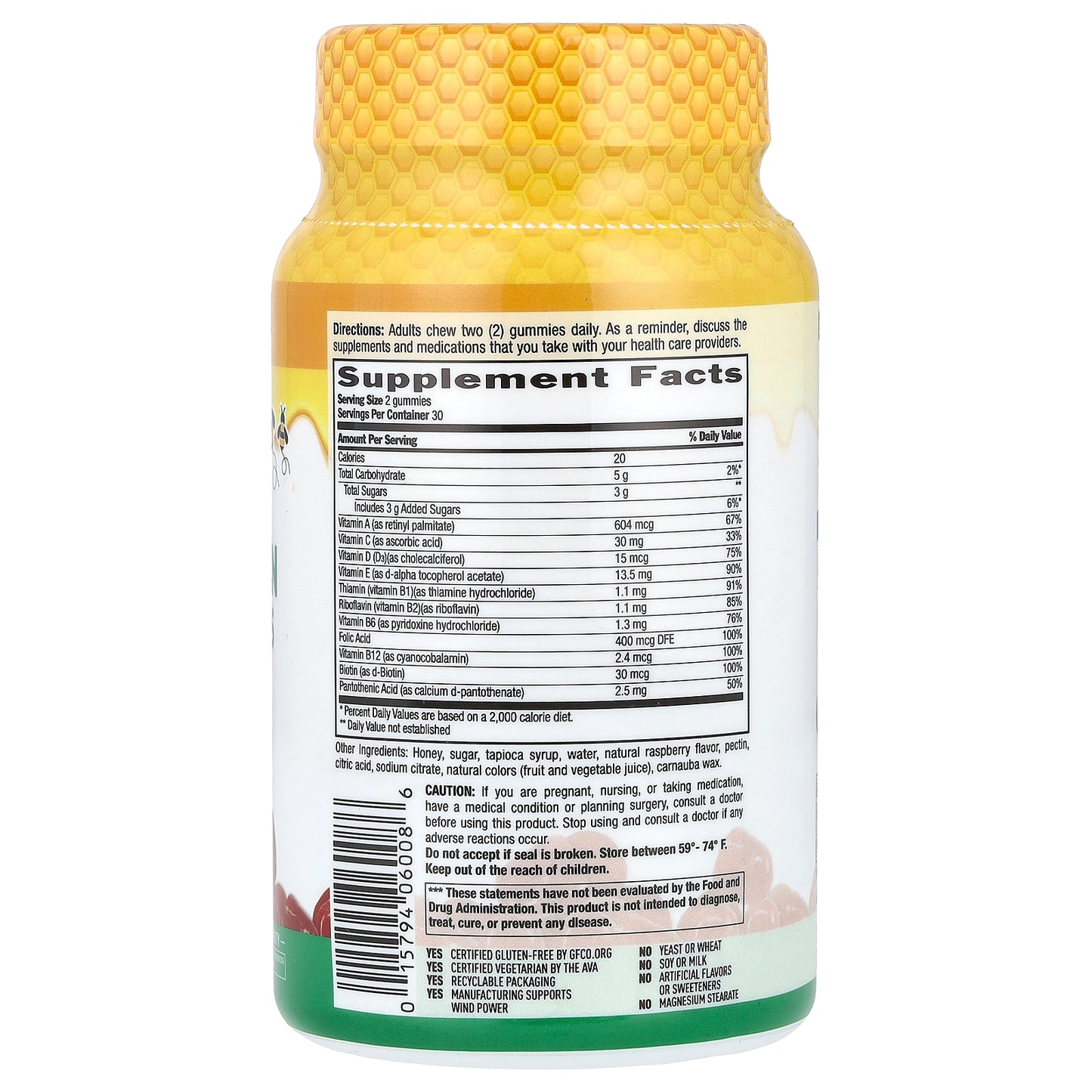 Country Life, Adult Multivitamin Honey Gummies, Natural Raspberry, 60 Gummies