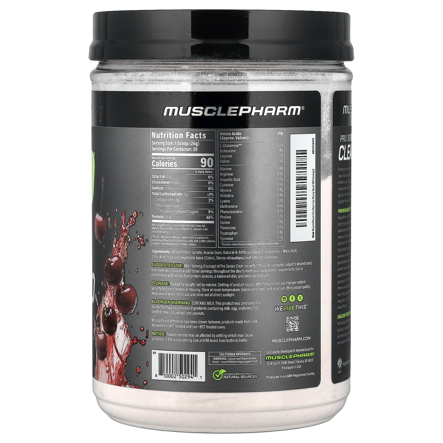 MusclePharm, Pro Series Clear-ISO, Protein Powder Drink Mix, Cherry Slush, 1.14 lbs (520 mg)
