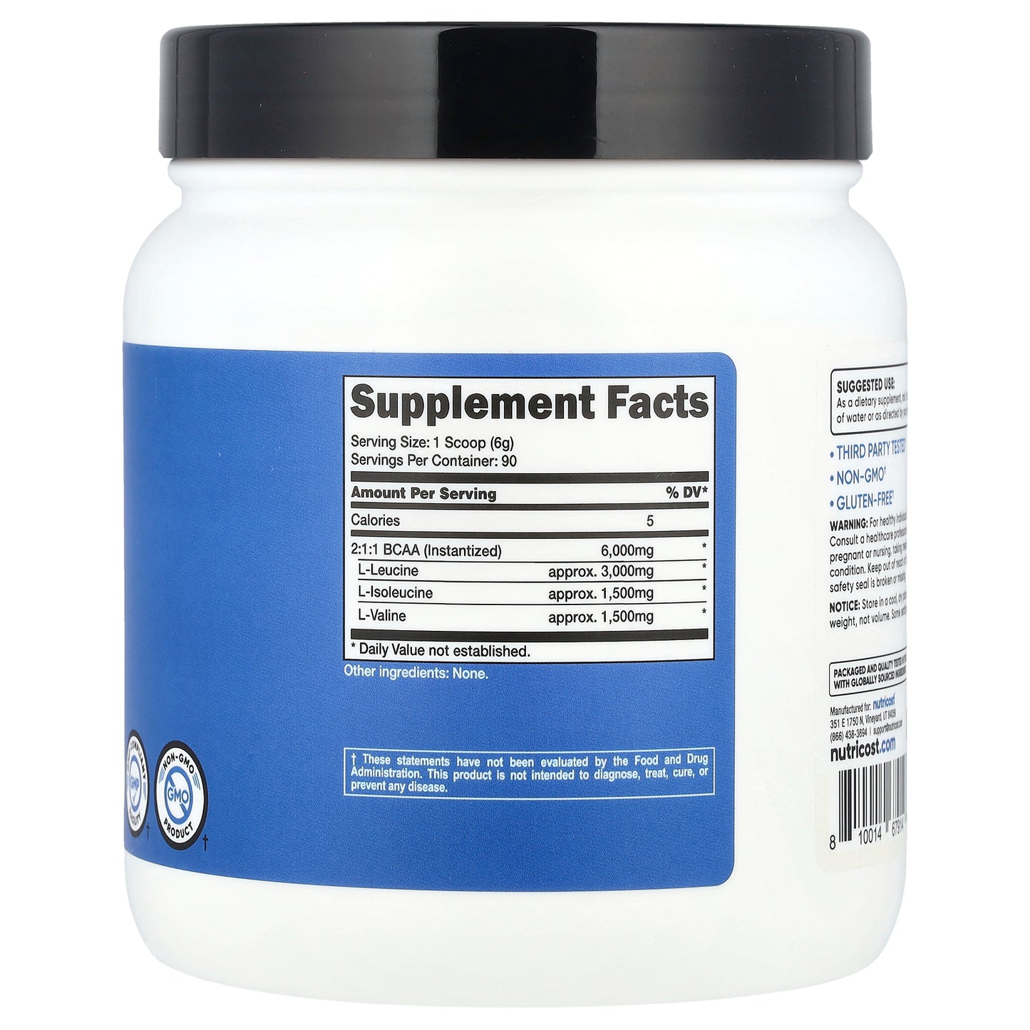 Nutricost, Performance, BCAA, Unflavored, 1.2 lb (540 g)