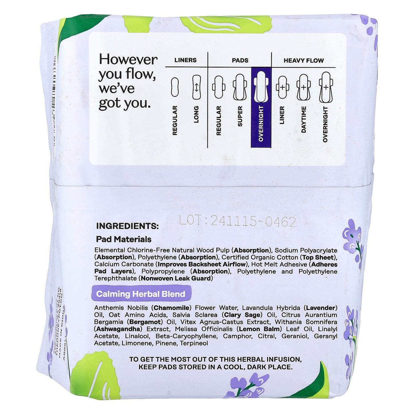 The Honey Pot Company, Organic Calming Herbal Infusion, Pads with Wings, Overnight, 12 Count