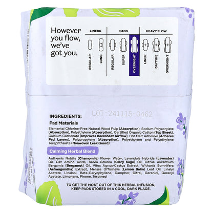 The Honey Pot Company, Organic Calming Herbal Infusion, Pads with Wings, Overnight, 12 Count