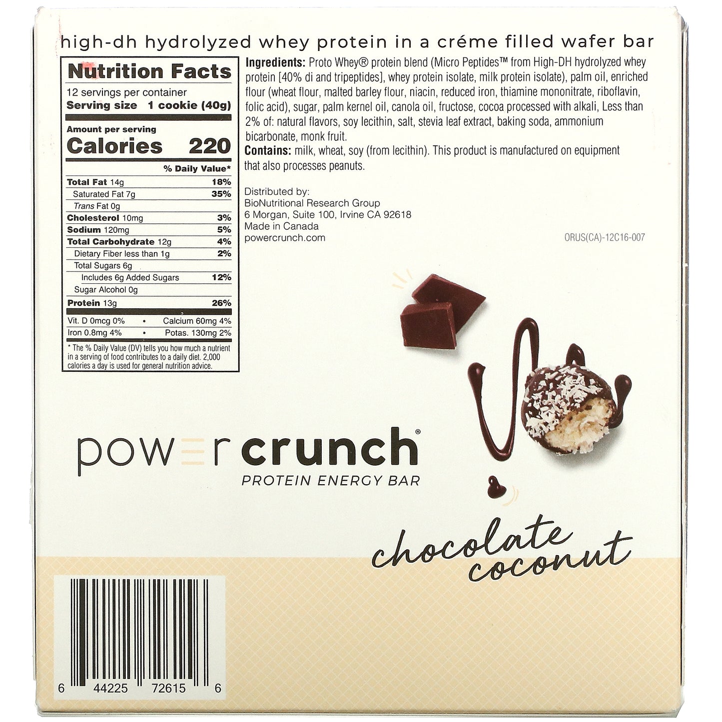 BNRG, Power Crunch®, Protein Energy Bar, Chocolate Coconut, 12 Bars, 1.4 oz (40 g) Each