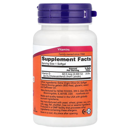 NOW Foods, Vitamin D3, 2,500 IU, 180 Softgels