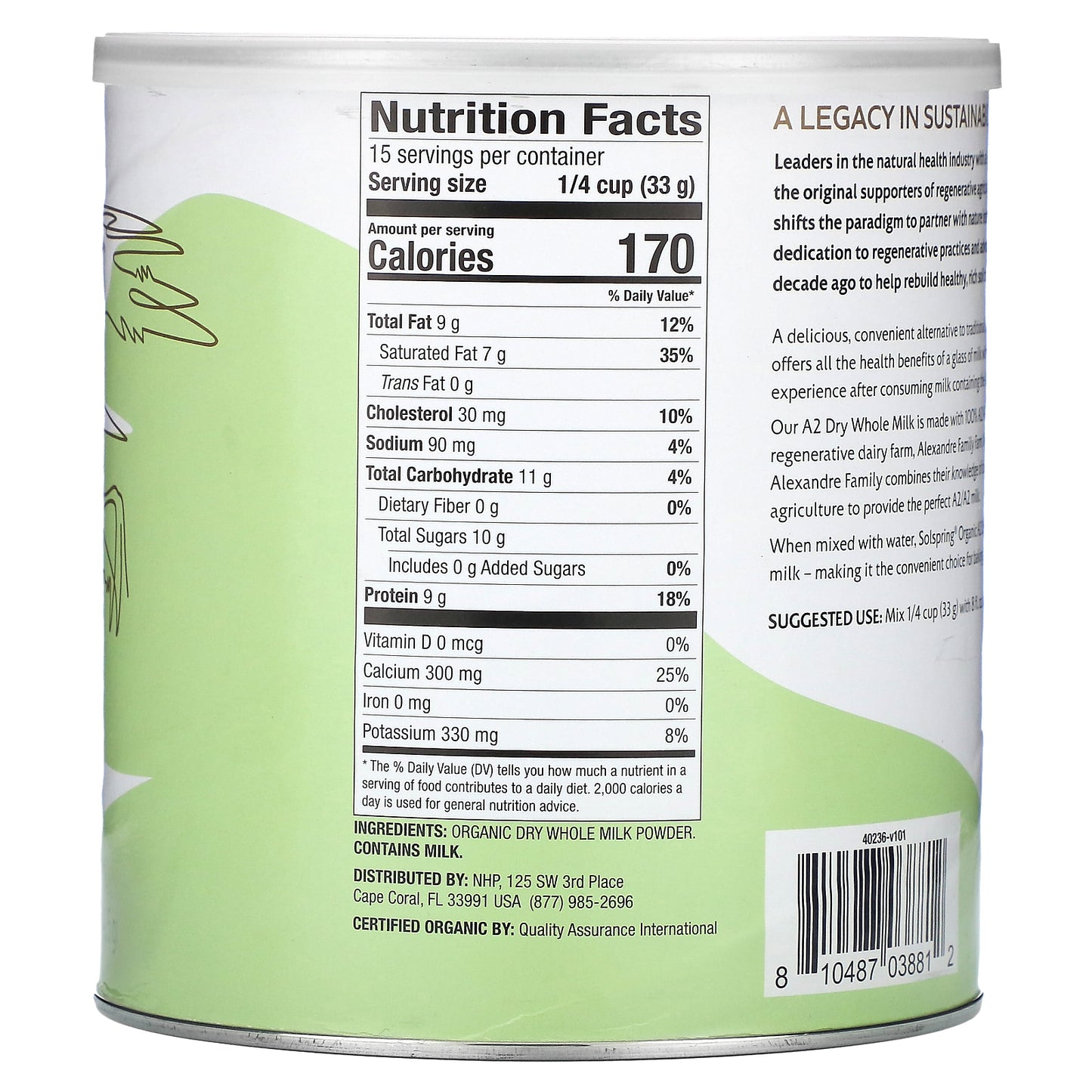 Dr. Mercola, Solspring®, Organic A2 Dry Whole Milk, 17.4 oz (495 g)