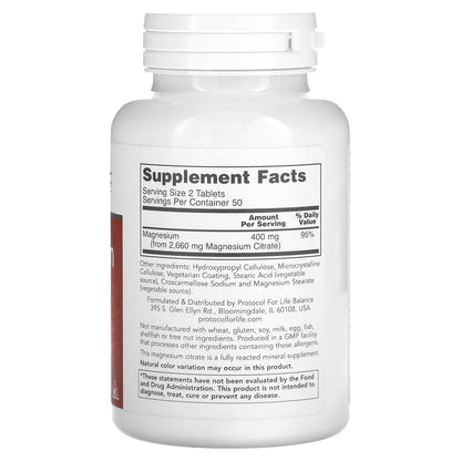Protocol for Life Balance, Magnesium Citrate, 100 Tablets (200 mg per Tablet)