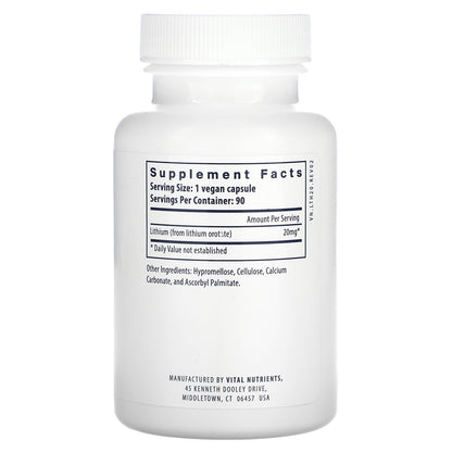 Vital Nutrients, Lithium , 20 mg , 90 Vegan Capsules
