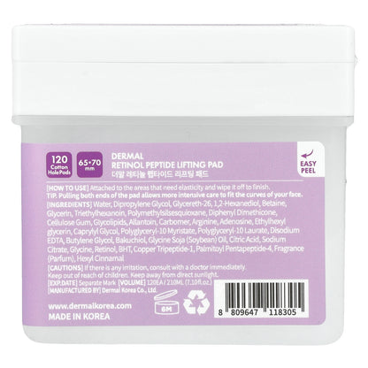 Dermal, Retinol Peptide Lifting Pad, 120 Cotton Hole Pads