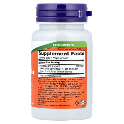 NOW Foods, Ashwagandha, 450 mg, 30 Veg Capsules