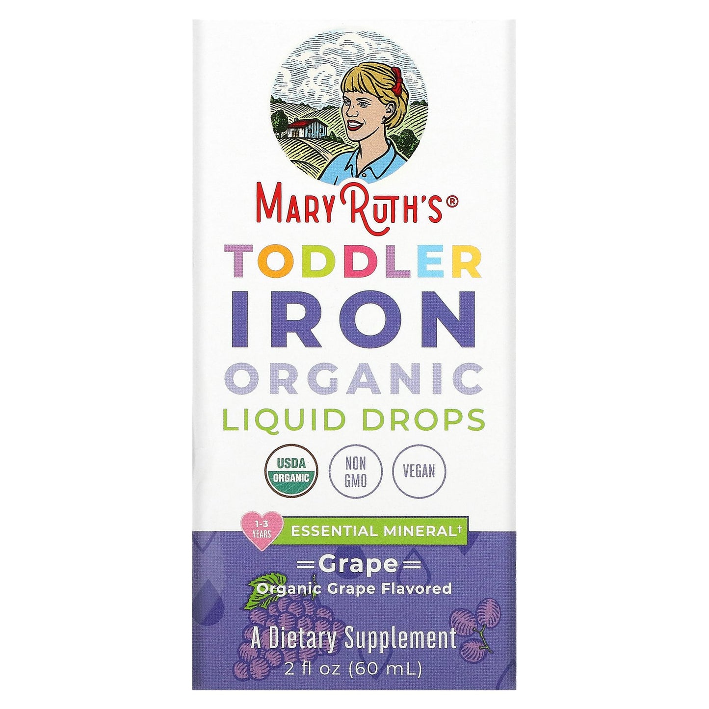MaryRuth's, Toddler Iron Organic Liquid Drops, 1-3 Years, Grape, 3.5 mg, 2 fl oz (60 ml)