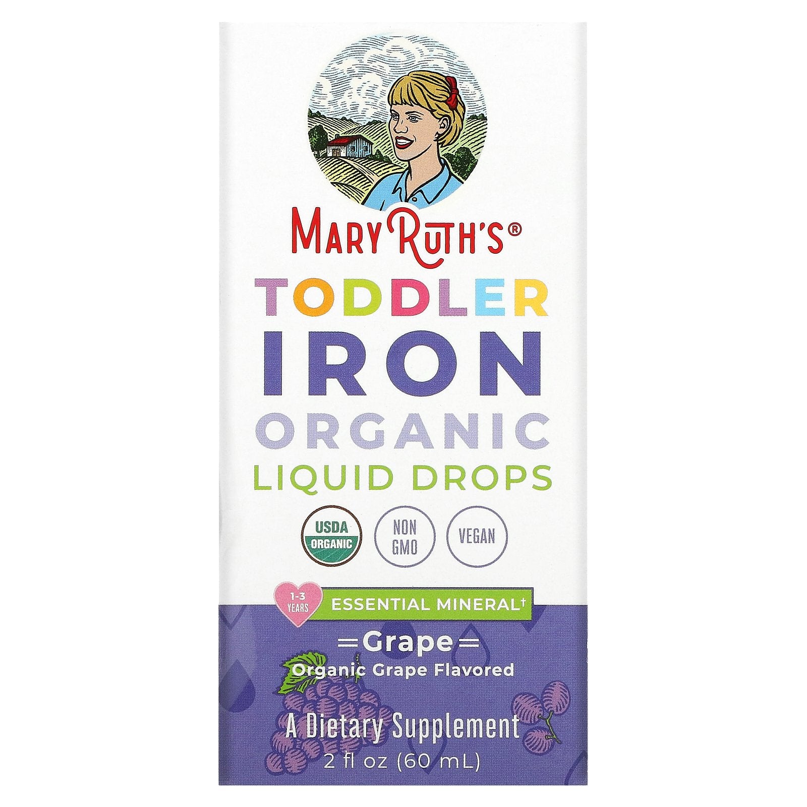 MaryRuth's, Toddler Iron Organic Liquid Drops, 1-3 Years, Grape, 3.5 mg, 2 fl oz (60 ml)