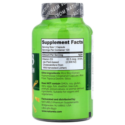 NATURELO, Vitamin D3, 62.5 mcg (2,500 IU), 120 Easy Swallow Capsules
