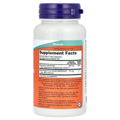 NOW Foods, Magnesium Glycinate With BioPerine®, 60 Veg Capsules