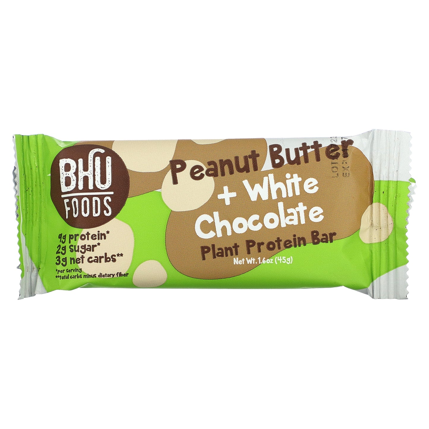 BHU Foods, Plant Protein Bar, Peanut Butter + White Chocolate, 12 Bars, 1.6 oz (45 g) Each