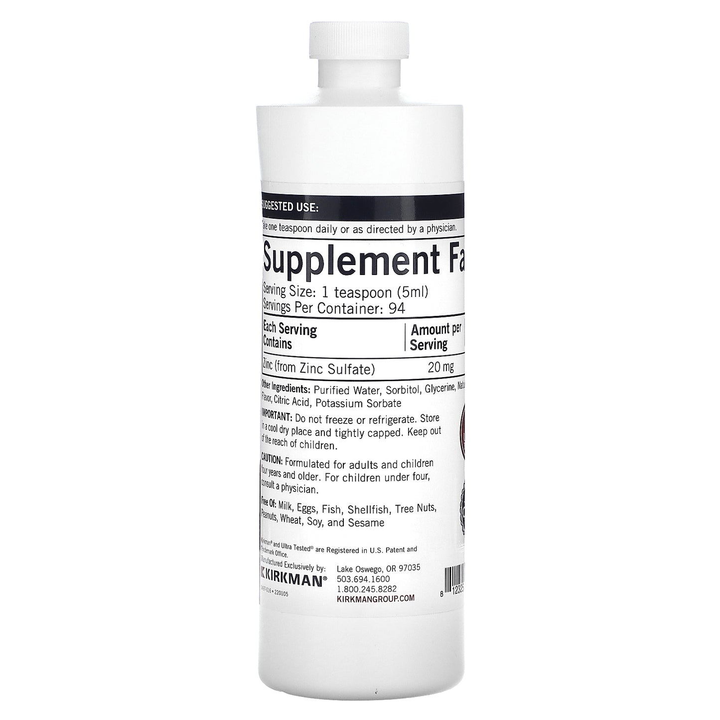 Kirkman Labs, Zinc Liquid, Natural Raspberry, 20 mg, 16 oz (473 ml)