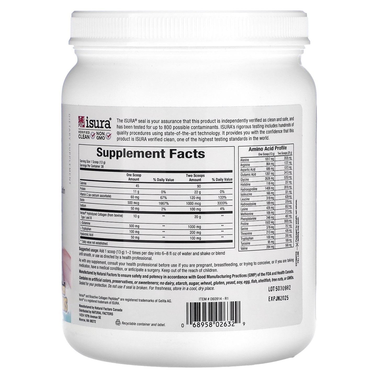 Natural Factors, Total Body Collagen, Bioactive Peptides, Unflavored, 1 lb 1 oz (500 g)