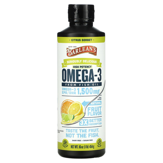 Barlean's, Seriously Delicious, Omega-3 Fish Oil, Citrus Sorbet, 1,500 mg, 16 oz (454 g)