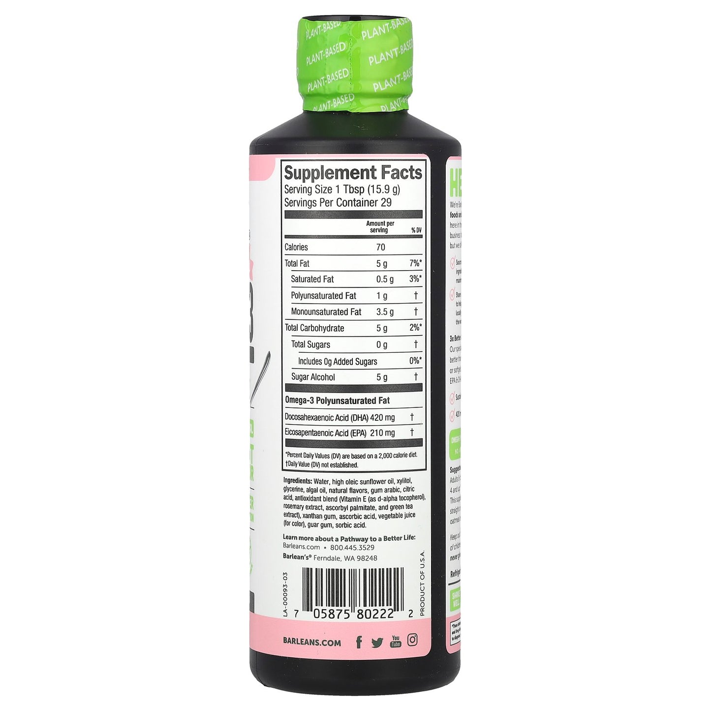 Barlean's, Seriously Delicious®, Plant Based Omega-3 From Algae Oil, Pink Lemonade, 630 mg, 16 oz (454 g)