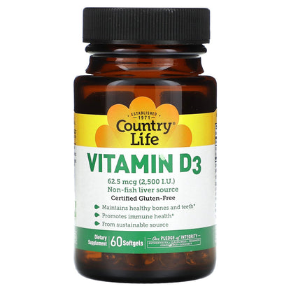 Country Life, Vitamin D3, 62.5 mcg (2,500 IU), 60 Softgels