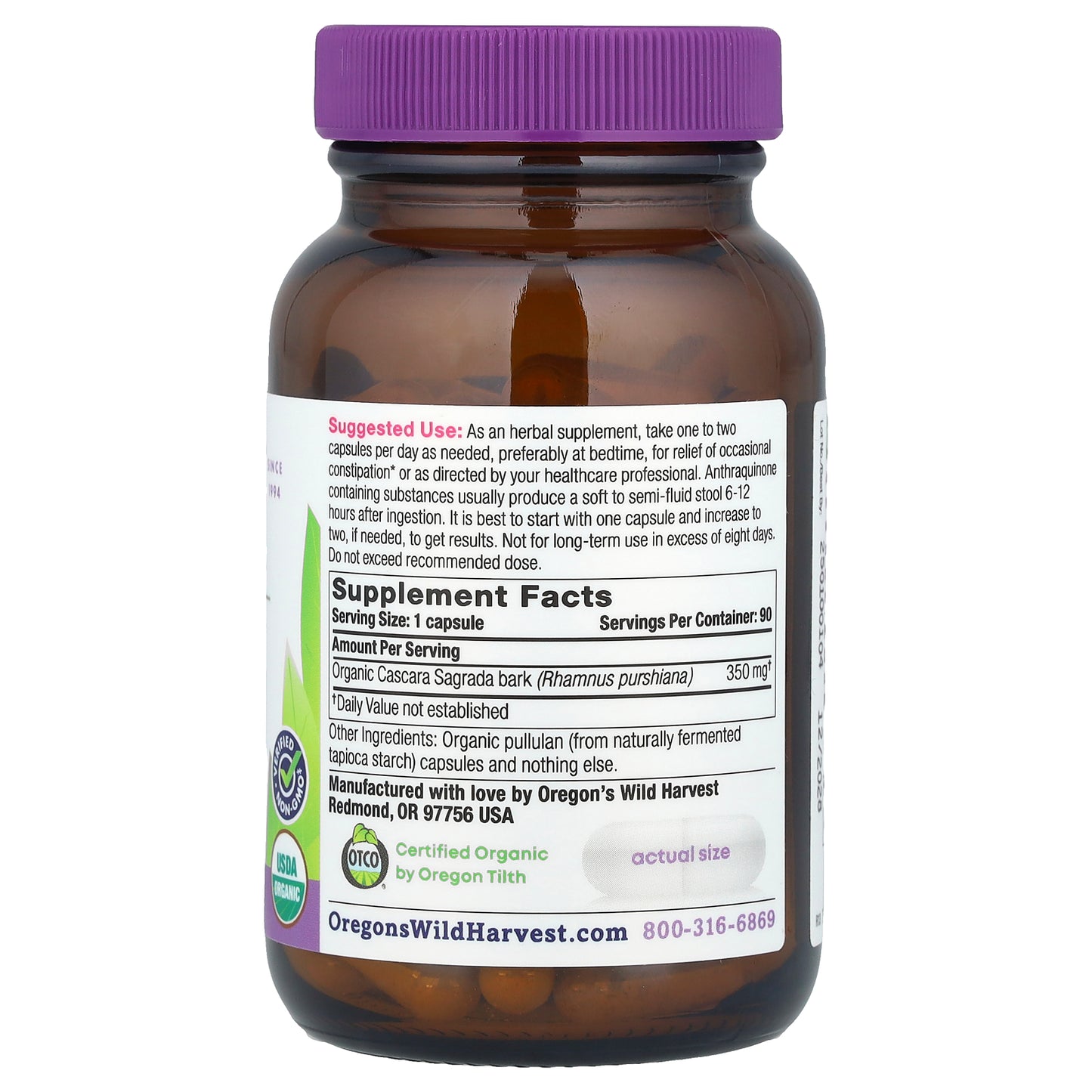 Oregon's Wild Harvest, Organic Cascara Sagrada , 90 Organic Vegan Capsules