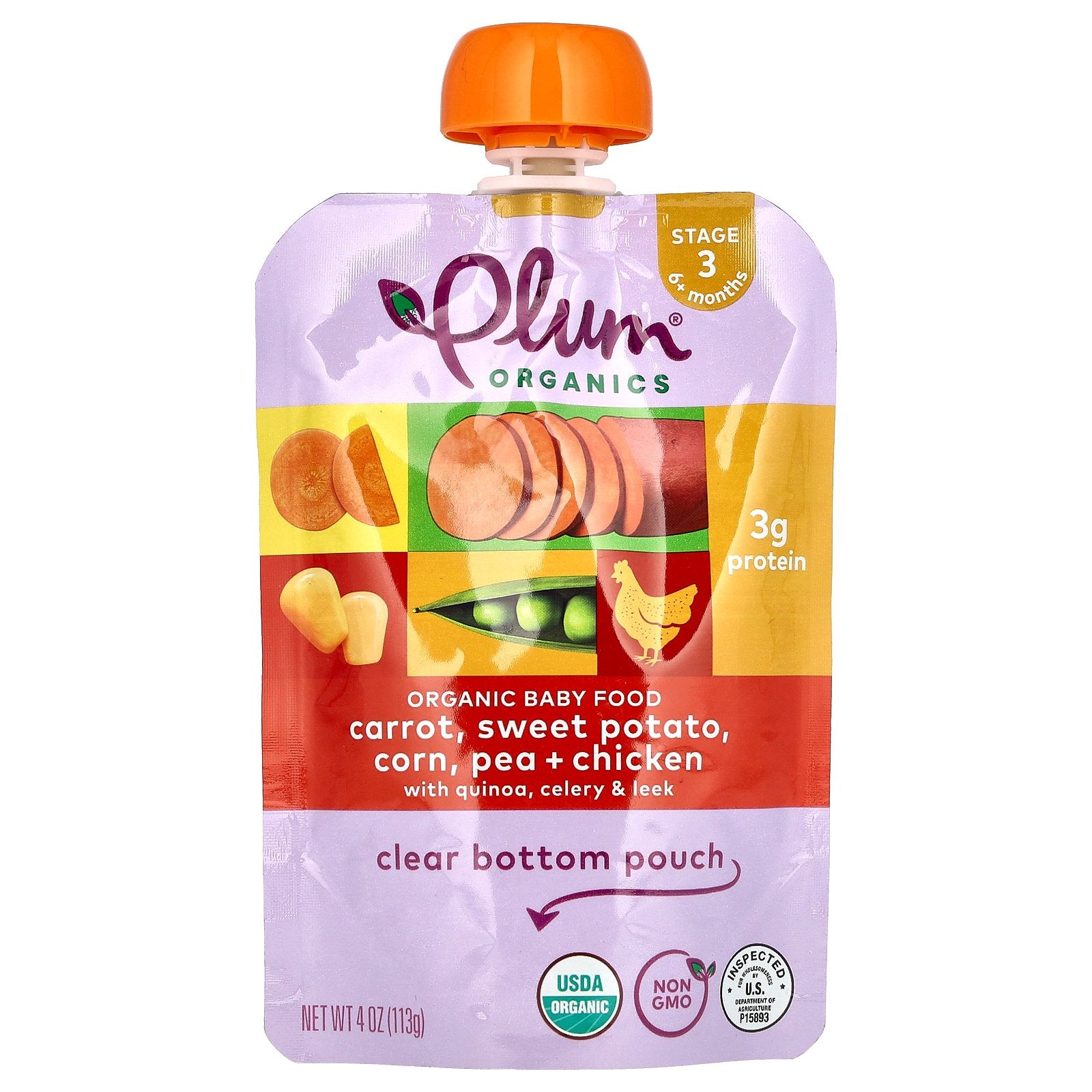 Plum Organics, Baby Food, 6+ Months, Carrot, Sweet Potato, Corn, Pea & Chicken, 4 oz (113 g)