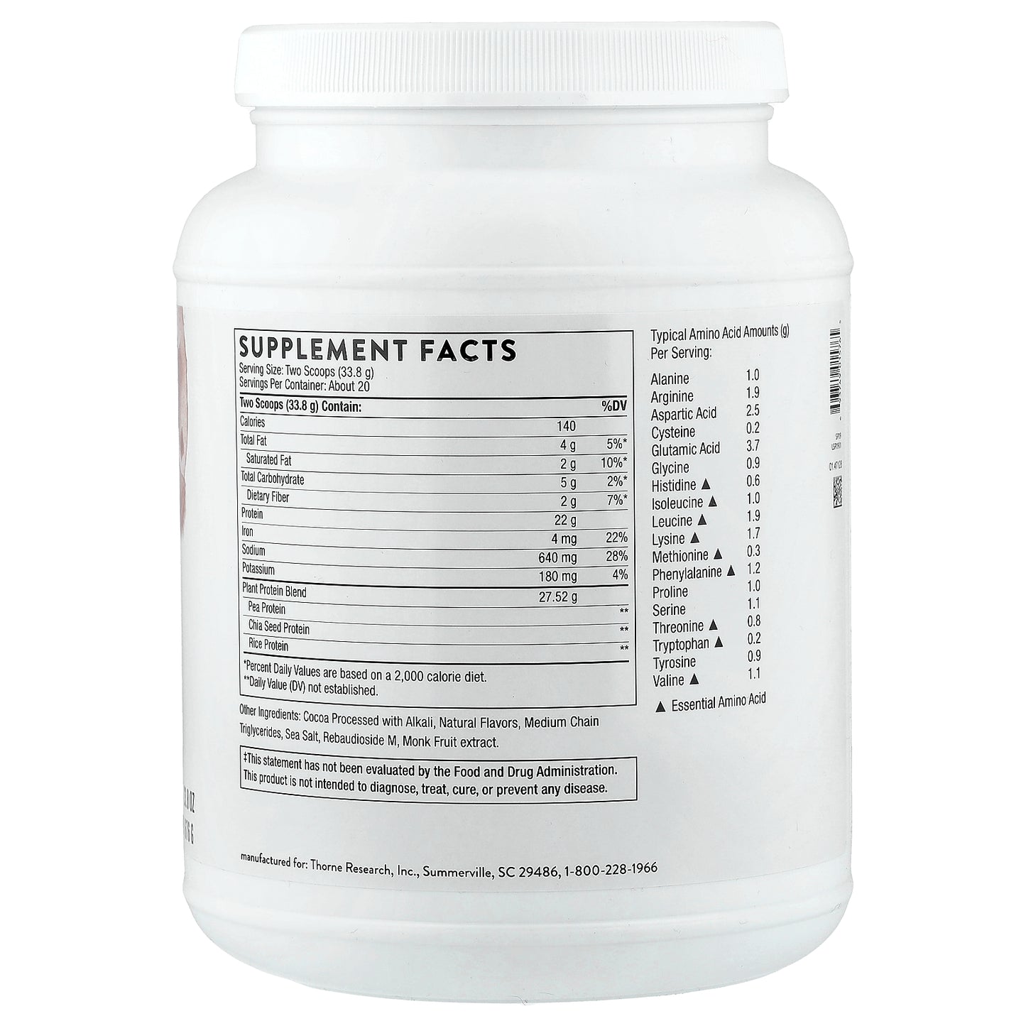 Thorne, Plant Protein, Chocolate, 1.49 lb (676 g)