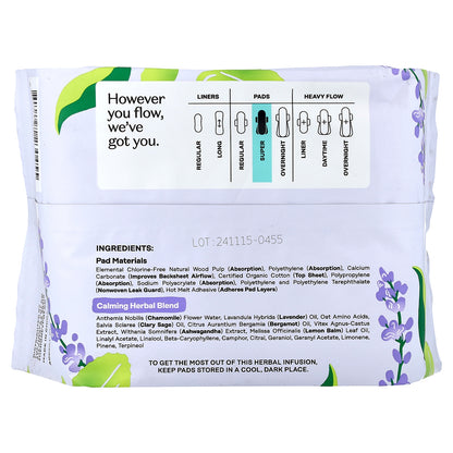 The Honey Pot Company, Organic Calming Herbal Infusion, Pads with Wings, Super, 16 Count