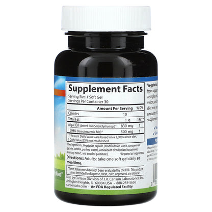 Carlson, Vegetarian DHA, 500 mg, 30 Vegetarian Soft Gels