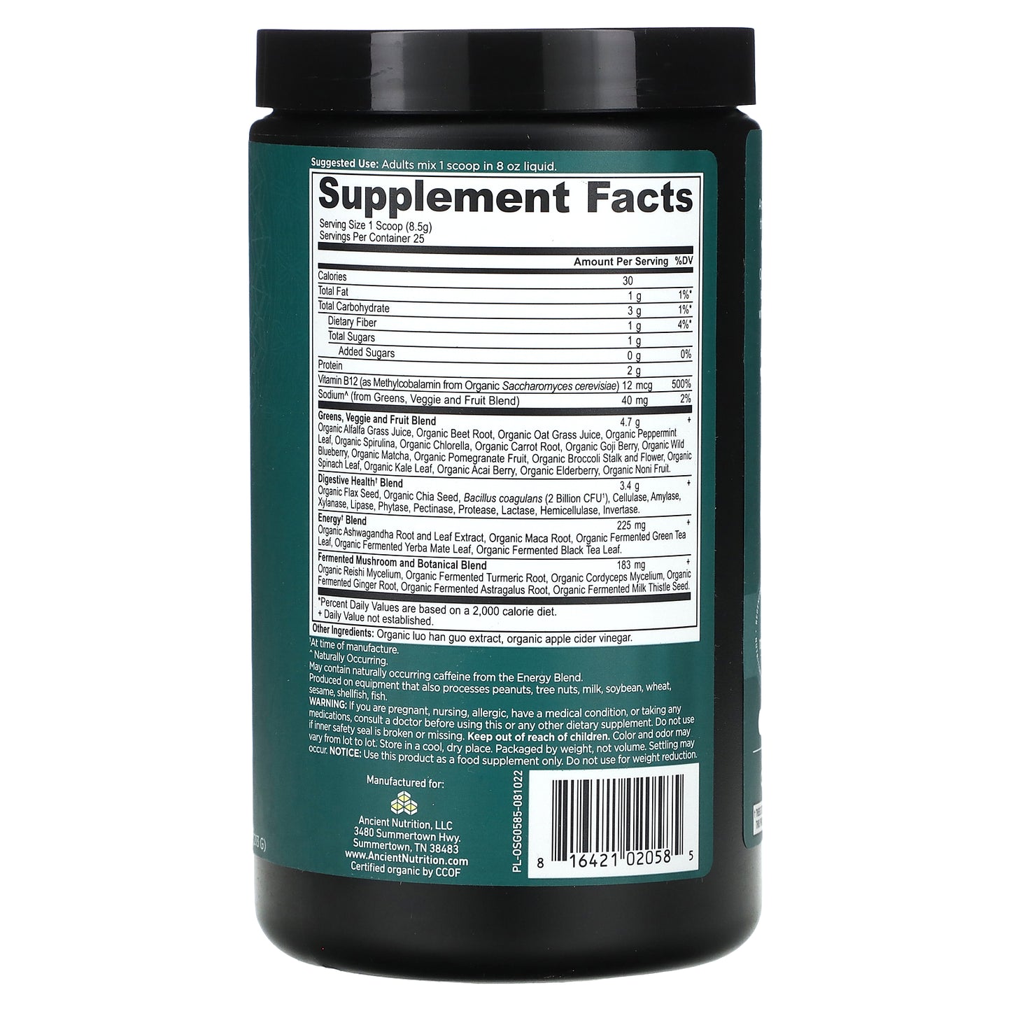 Ancient Nutrition, Organic Super Greens, Energizer, 7.5 oz (213 g)