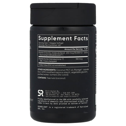 Sports Research, D3 + K2, Plant-Based, 250 mcg/100 mcg, 60 Veggie Softgels