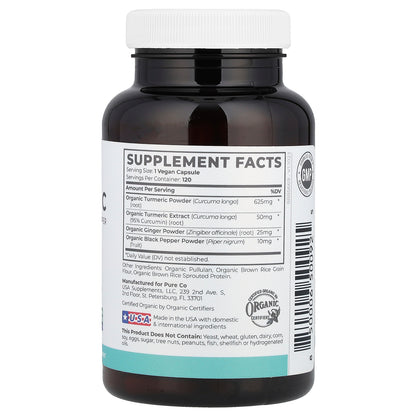 Pure Co., Organic Turmeric with Ginger & Black Pepper, 120 Vegan Capsules