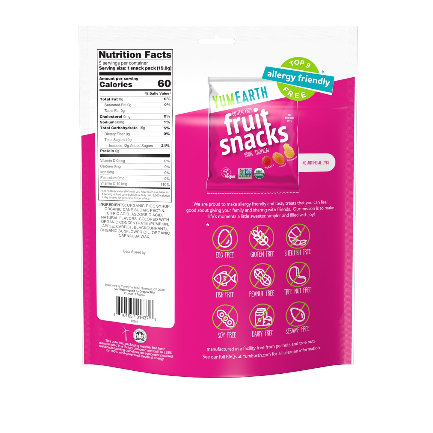 YumEarth, Gluten Free Fruit Snacks, Tropical, 5 Snack Packs, 0.7 oz (19.8 g) Each