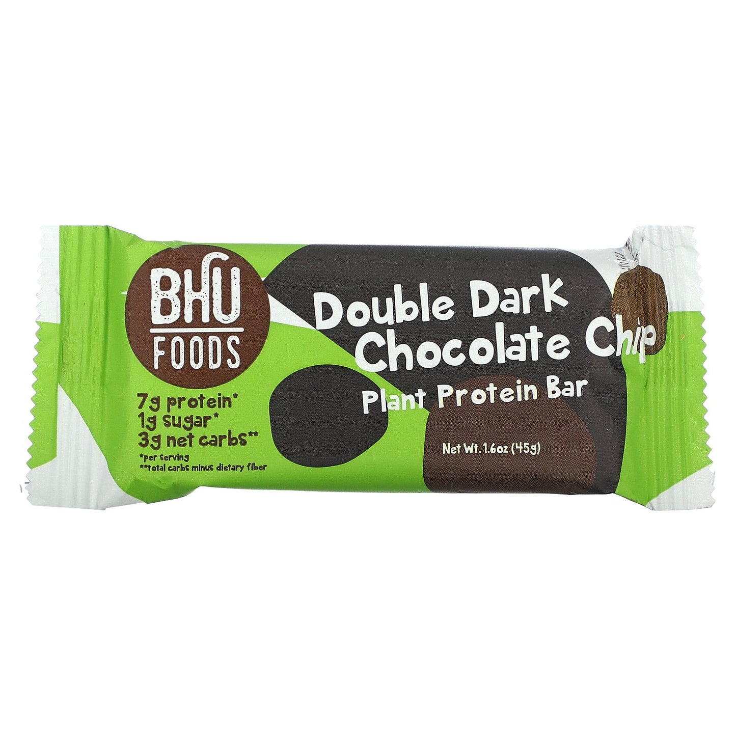 BHU Foods, Vegan Protein Bar, Double Dark Chocolate Chip, 12 Bars, 1.6 oz (45 g) Each