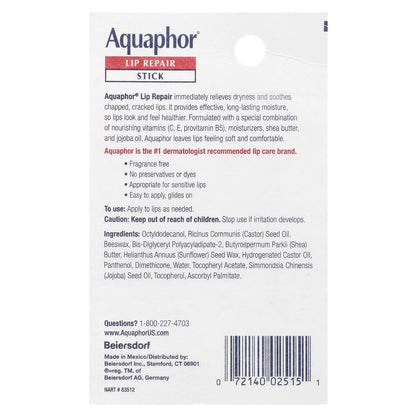 Aquaphor, Lip Repair Stick, Immediate Relief, Fragrance Free, 0.17 oz (4.8 g)