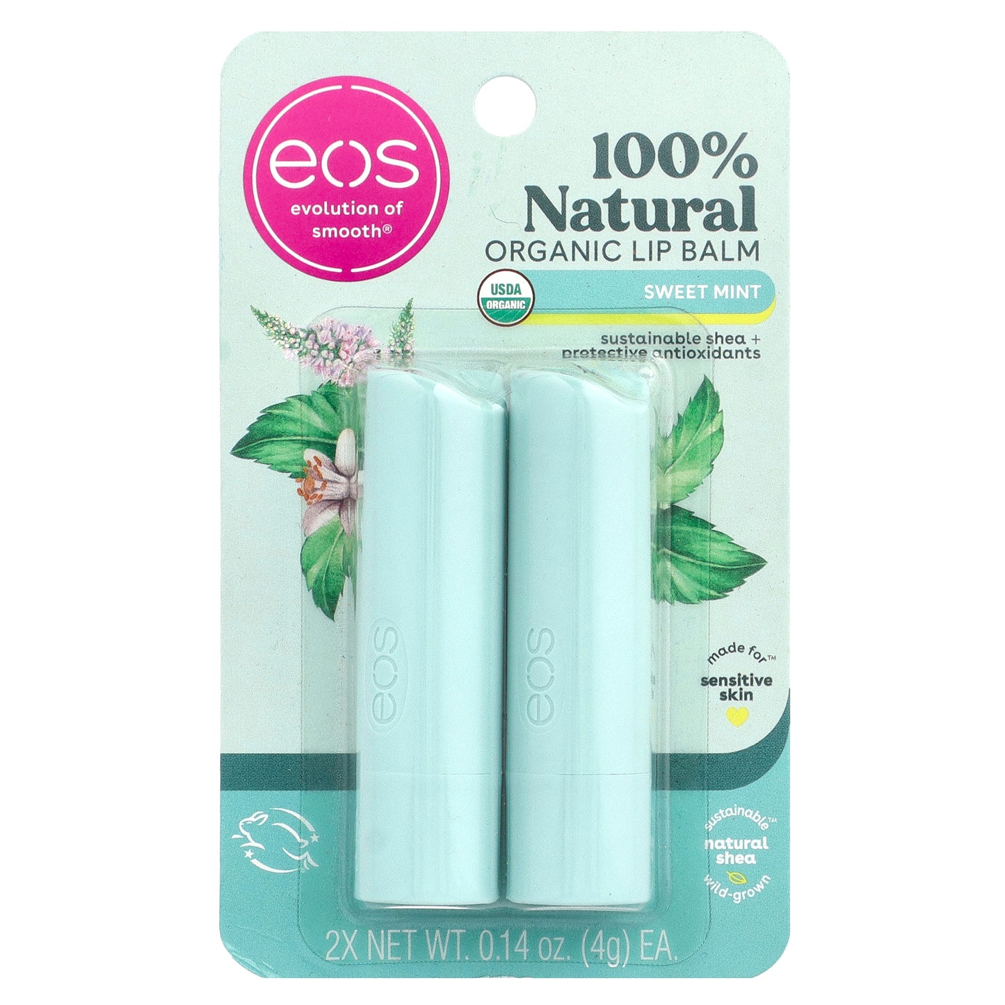 EOS, 100% Natural Organic Lip Balm, Sweet Mint, 2 Pack, 0.14 oz (4 g) Each