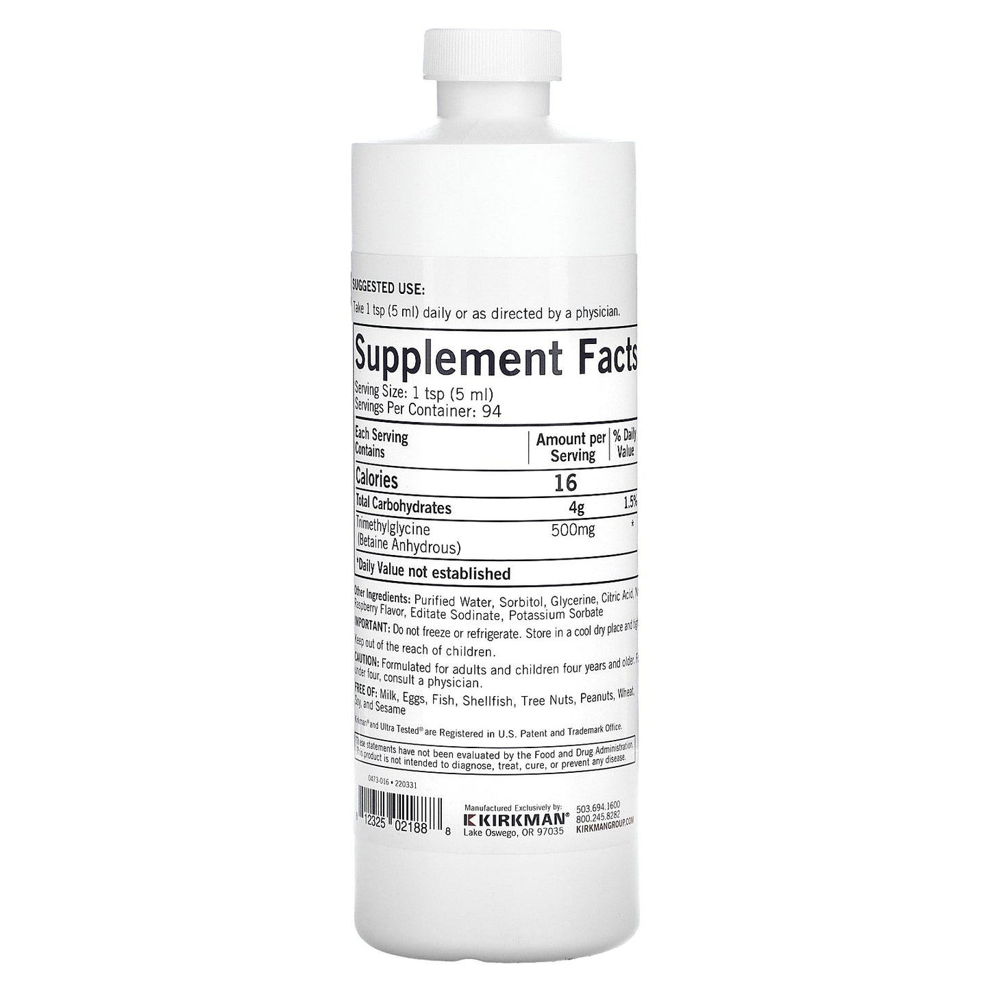 Kirkman Labs, TMG Liquid, Natural Raspberry, 16 fl oz (473 ml)