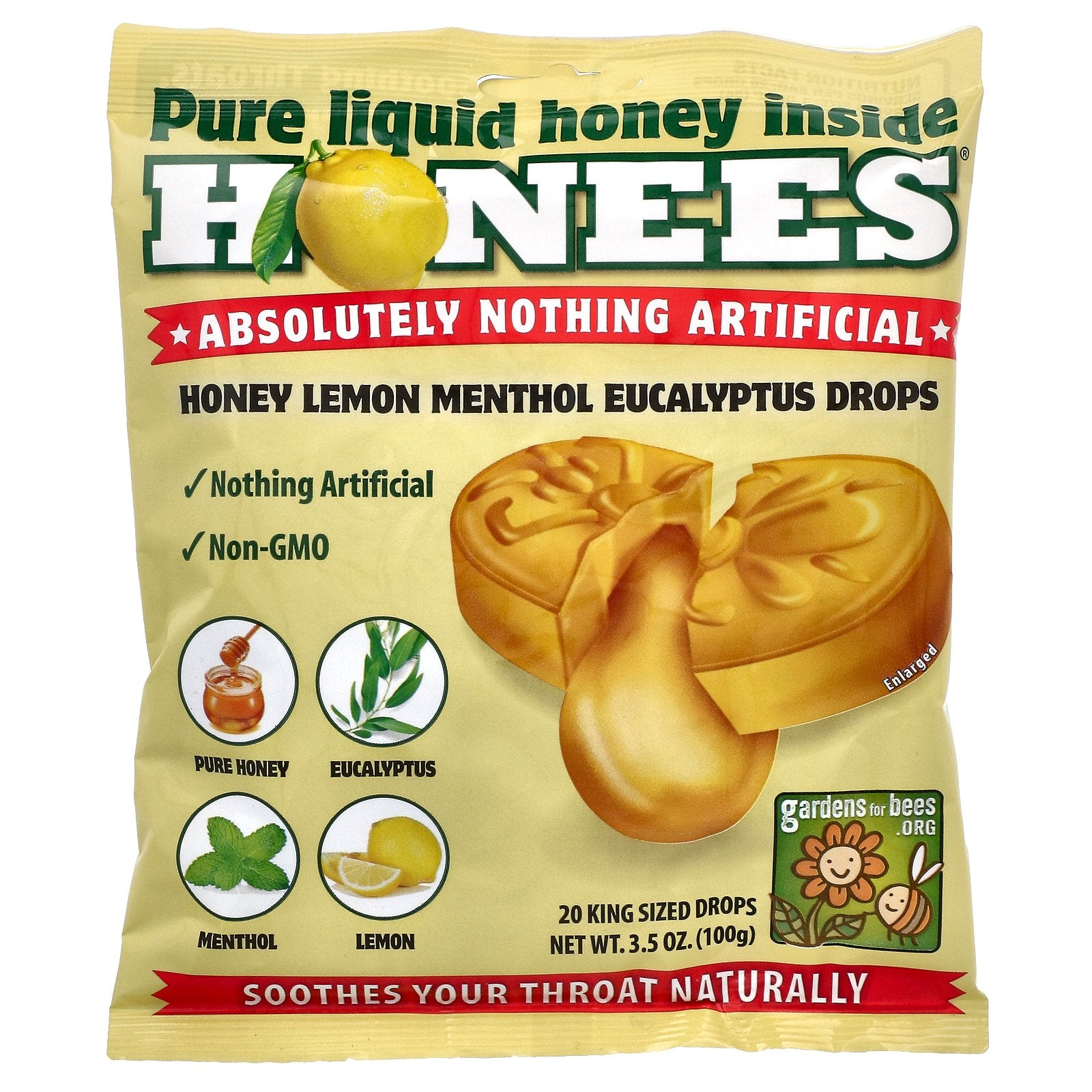 Honees, Honey Lemon Menthol Eucalyptus Cough Drops, 20 King Sized Drops, 3.5 oz (100 g)
