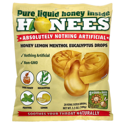Honees, Honey Lemon Menthol Eucalyptus Cough Drops, 20 King Sized Drops, 3.5 oz (100 g)
