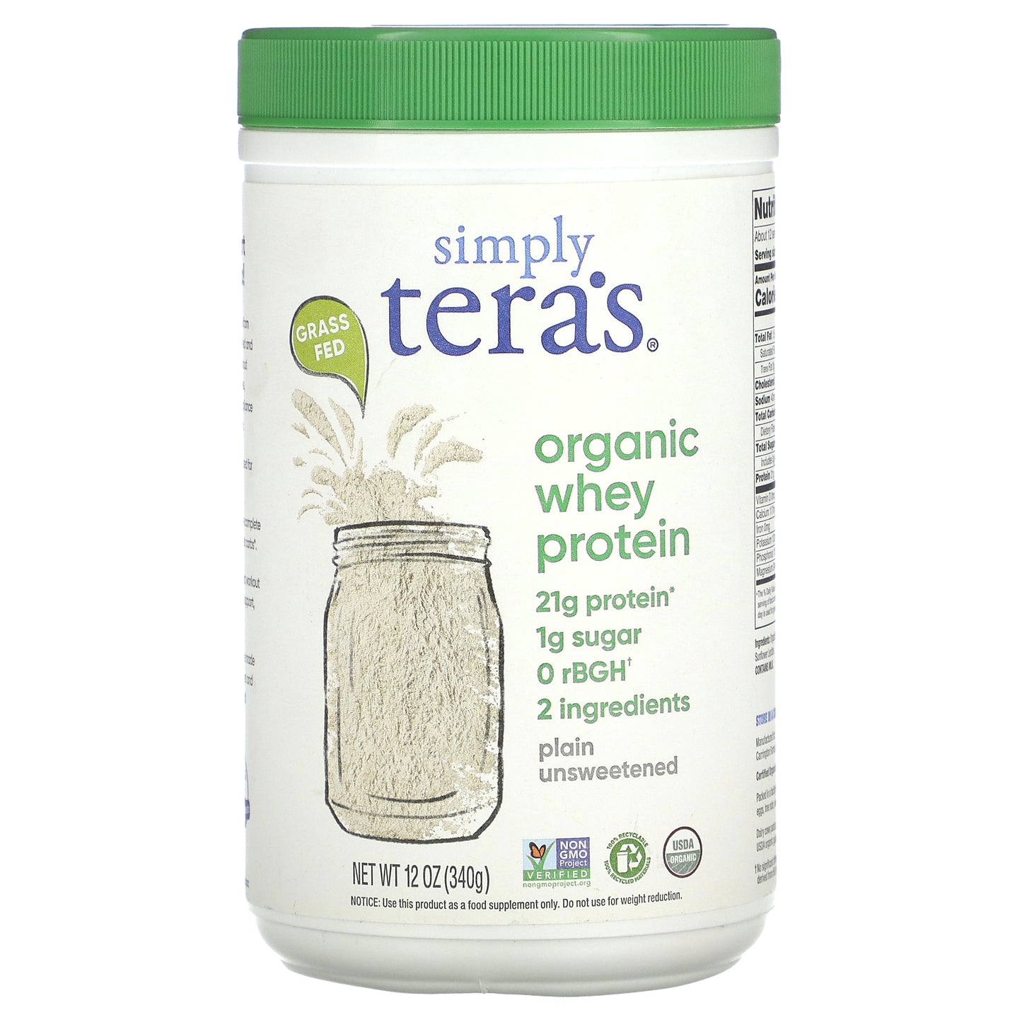 Simply Tera's, Organic Whey Protein, Plain Unsweetened, 12 oz (340 g)