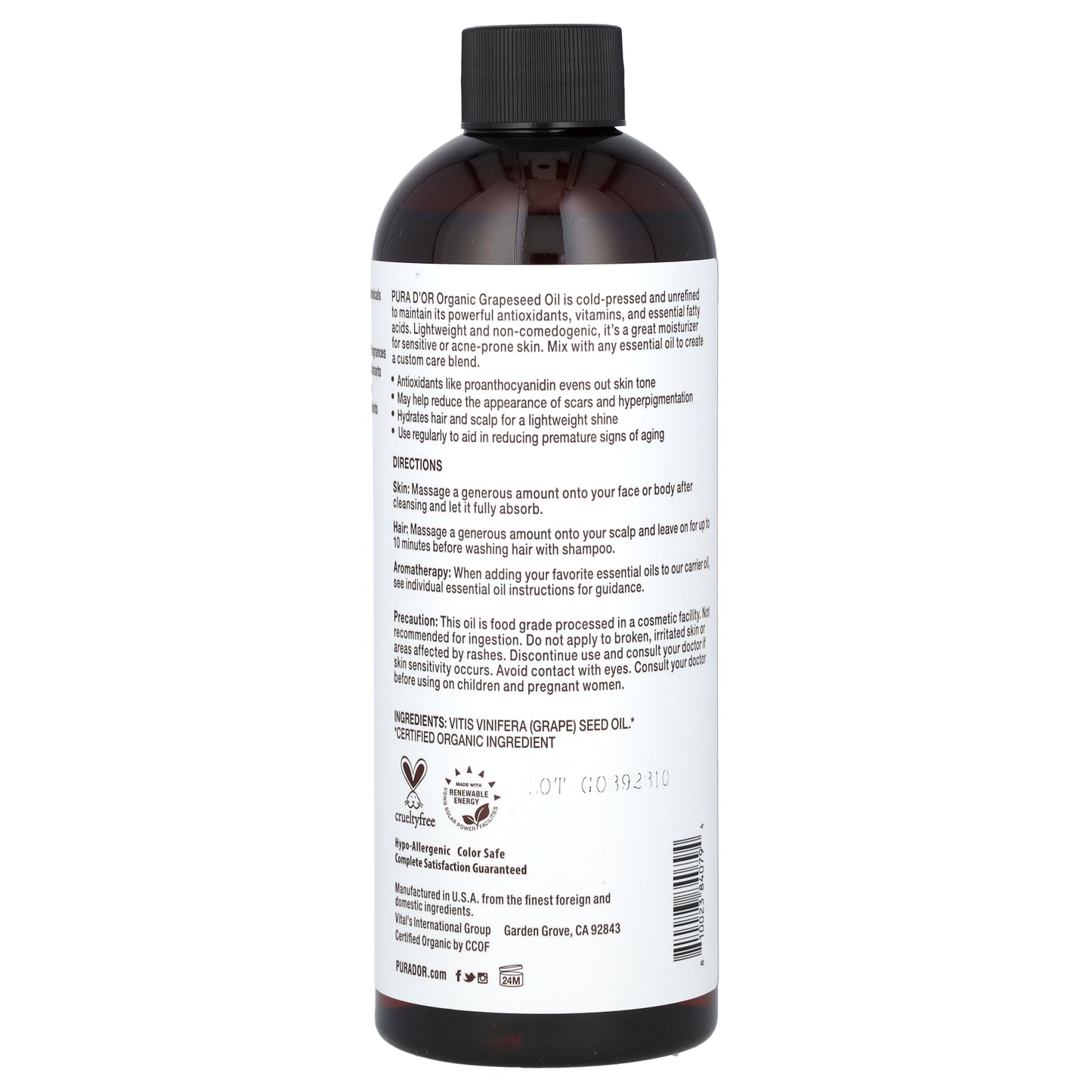 Pura D'or, Organic Grapeseed Oil, 16 fl oz (473 ml)