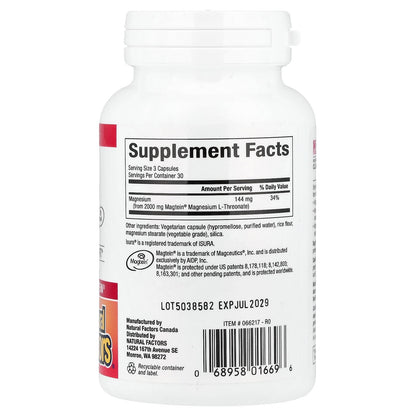 Natural Factors, Cognitive Magnesium, 90 Vegetarian Capsules (48 mg per Capsule)