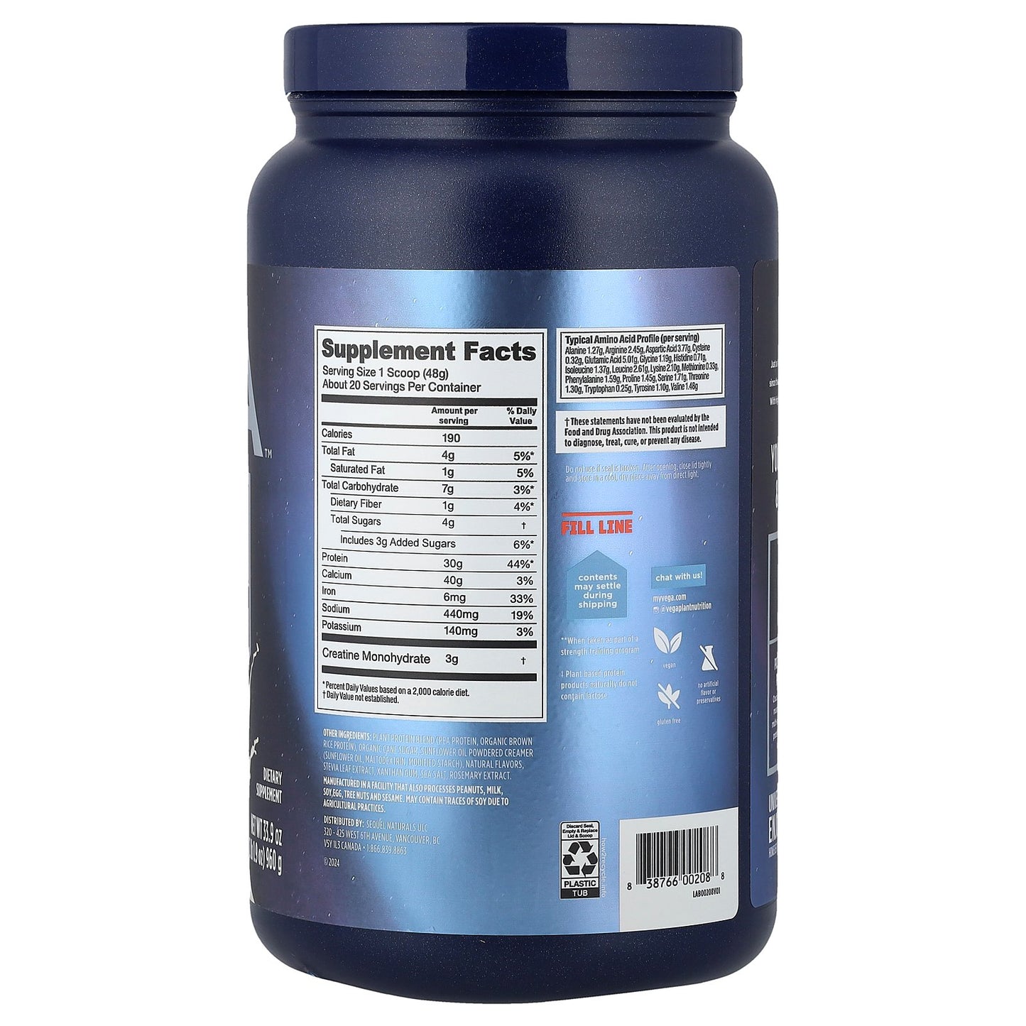 Vega, Plant-Based Performance Protein + Creatine, Creamy Vanilla, 2 lb 1.9 oz (960 g)