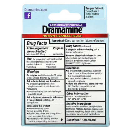 Dramamine, Motion Sickness Relief, Chewable, Raspberry Cream, 12 Chewable Tablets, 25 mg Each