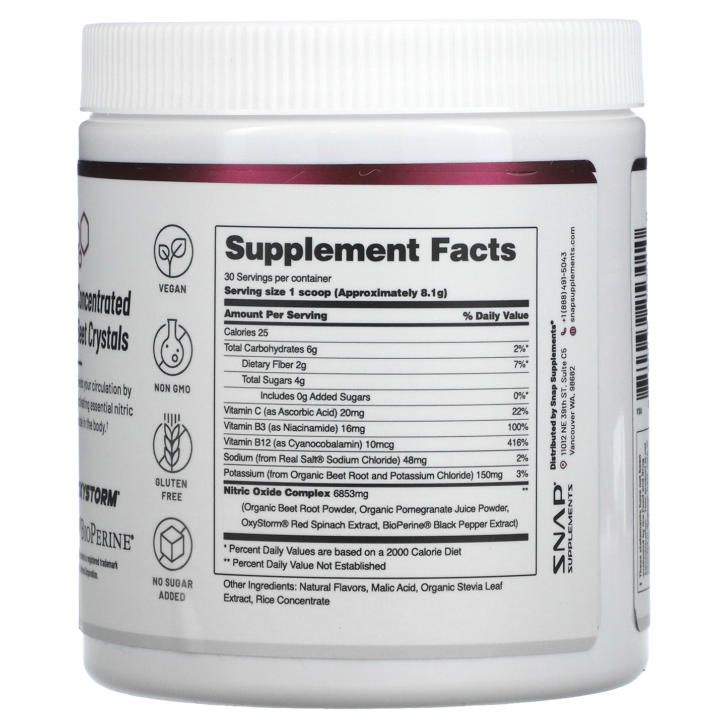 Snap Supplements, Nitric Oxide, Organic Beets, Original Berry, 8.8 oz (250 g)