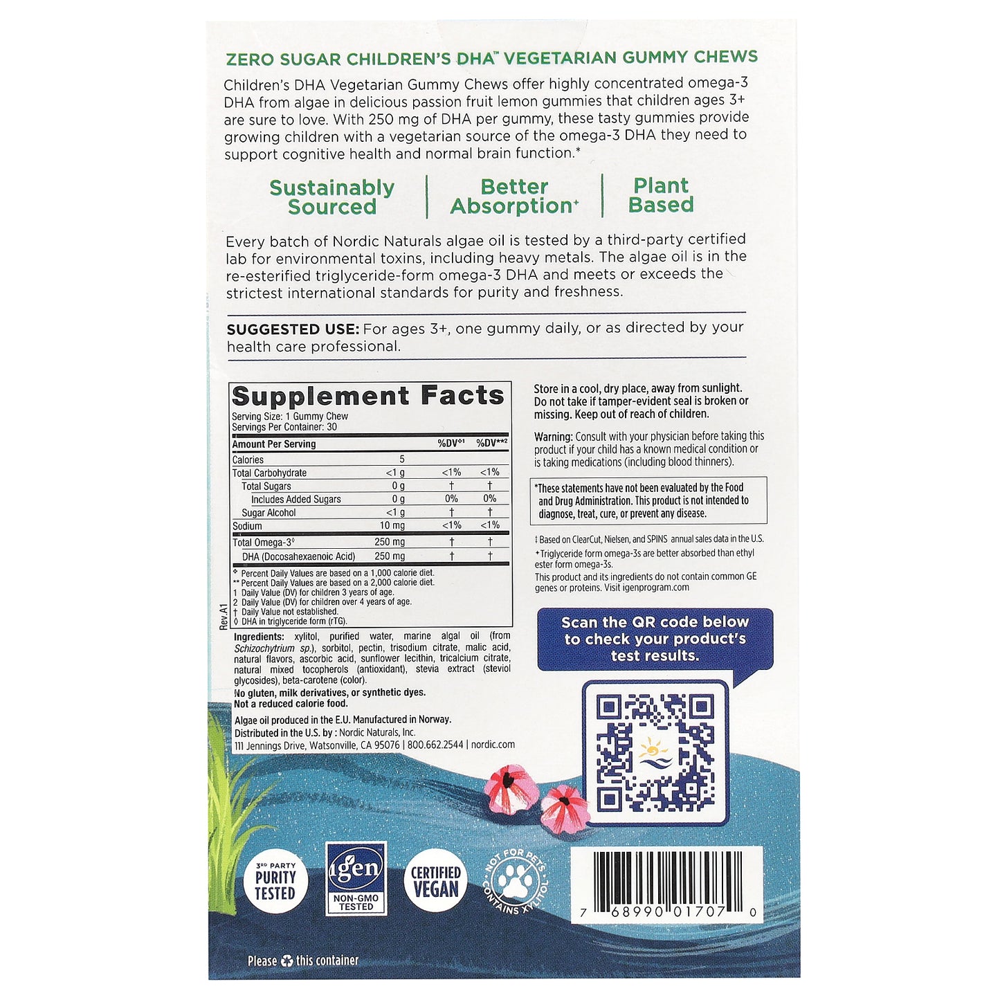 Nordic Naturals, Zero Sugar Children's DHA, Ages 3+, Passion Fruit Lemon, 250 mg, 30 Gummy Chews