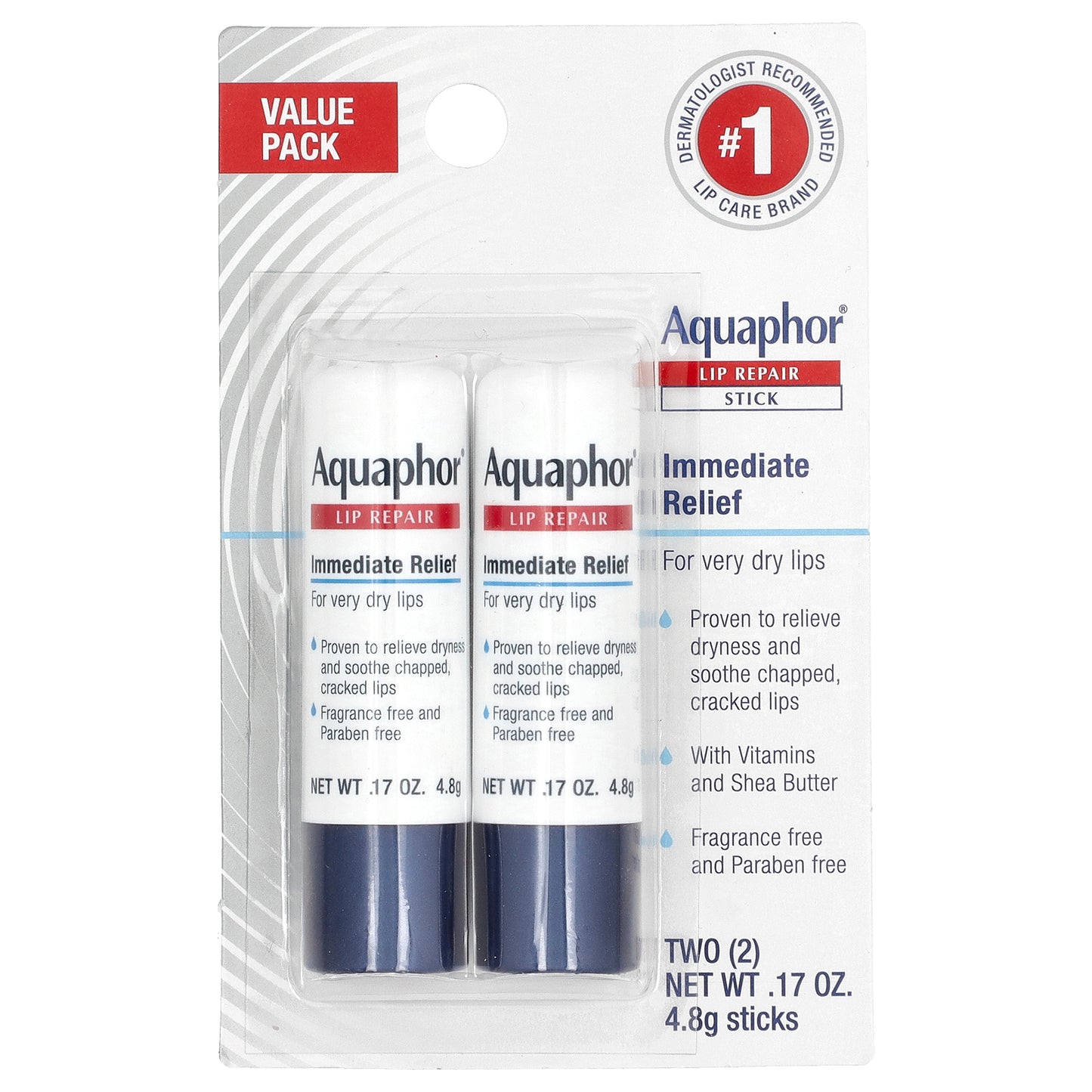 Aquaphor, Lip Repair Stick, Immediate Relief, 2 Sticks, 0.17 oz (4.8 g) Each